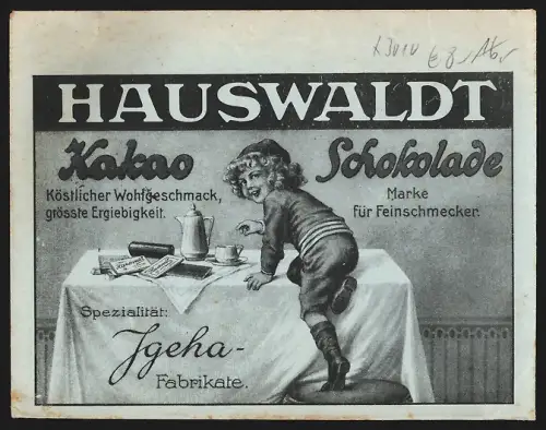 Dekorativer Brief Magdeburg, Joh. Gottl. Hauswaldt, Kakao und Schokolade, Igeha-Fabrikate, Kind klettert auf Kaffeetisch