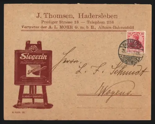 Dekorativer Brief Hadersleben, J. Thomsen, Predigerstr. 18, Margarine und Molkereibutter Siegerin
