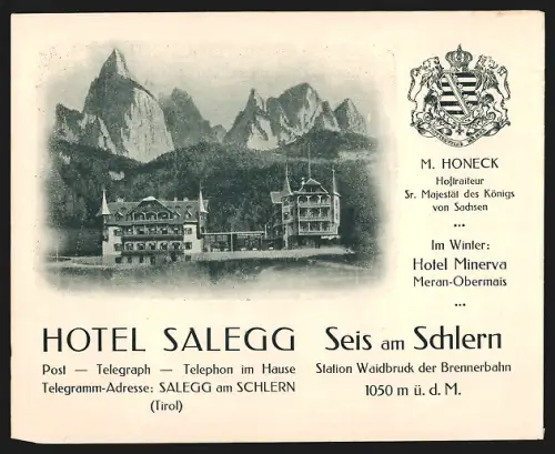 Dekorativer Brief Seis am Schlern, Hotel Salegg, M. Honeck, Hotel mit Bergpanorama, Wappen