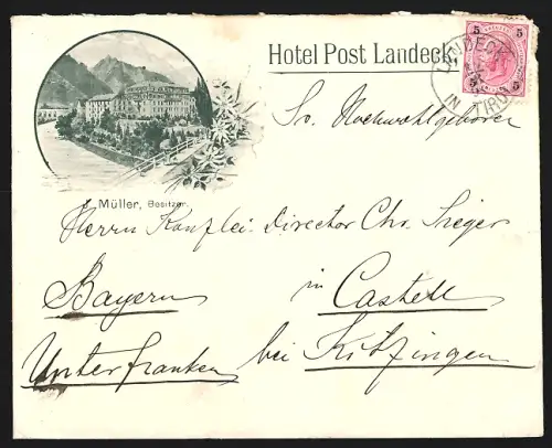 Dekorativer Brief Landeck, Hotel Post, Bes. J. Müller, Hotel mit Flusspartie und Edelweiss