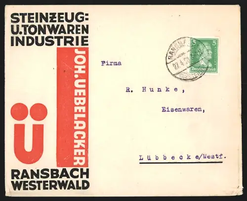Dekorativer Brief Ransbach i. Westerwald, Joh. Uebelacker, Steinzeig u. Tonwarenindustrie