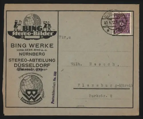 Dekorativer Brief Nürnberg, Bing-Werke, Stereo-Bilder, Logo mit Globus