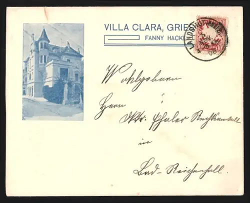 Dekorativer Brief Gries, Pension Villa Clara, Bes. Fanny Hackl