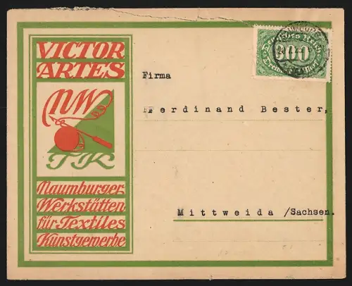Dekorativer Brief Naumburg, Victor Artes, Naumburger Werkstätten für Textiles Kunstgewerbe