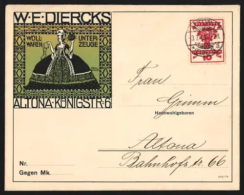 Dekorativer Brief Altona, W. E. Diercks, Wollwaren und Unterzeuge, Königstrasse 6, Barocke Dame mit Wollknäuel