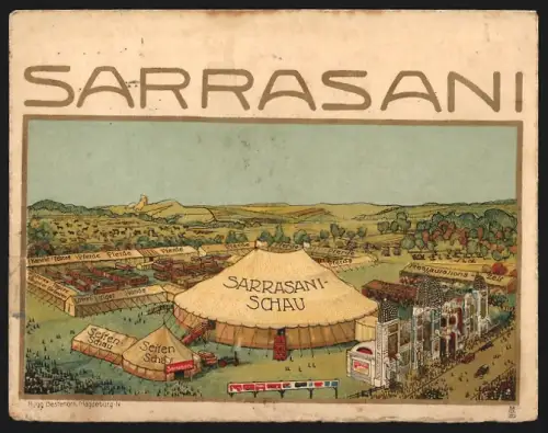 Dekorativer Brief Zirkus Sarrasani, Zirkuszelt mit Seitenschau und Maschinenzentrale, Löwe und Tiger