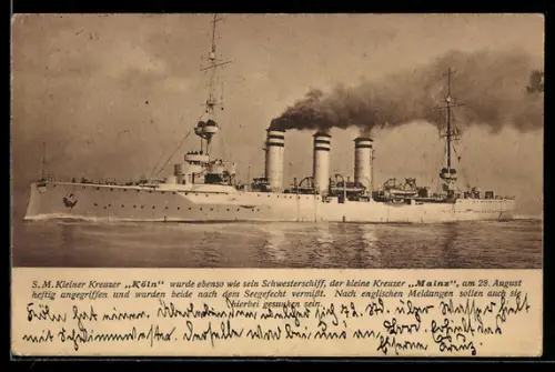 AK Kleiner Kreuzer S.M.S. Köln auf See, Kriegsschiff