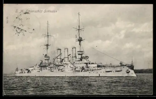 AK Linienschiff S.M.S. Schlesien vor der Küste, Kriegsschiff