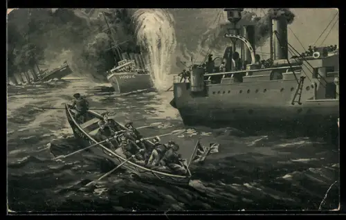 AK U-Boot U-9 vernichtet 1914 die englischen Panzerkreuzer Aboukir, Hogue und Cressy