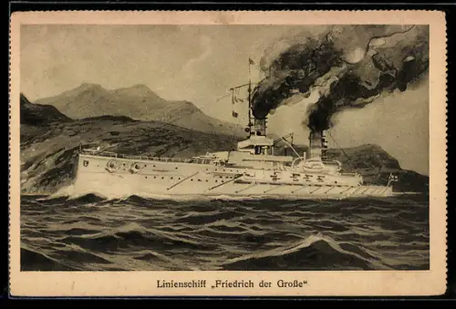 AK Linienschiff S.M.S. Friedrich der Grosse in Fahrt vor der Küste, Kriegsschiff