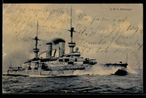 AK Linienschiff S.M.S. Zähringen hohe Fahrt laufend, Kriegsschiff