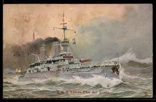 Künstler-AK Linienschiff S.M.S. Kaiser Karl der Grosse auf See in Fahrt bei hohem Wellengang, Kriegsschiff