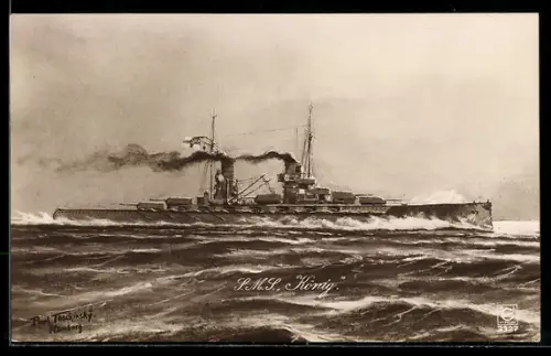 Künstler-AK Linienschiff S.M.S. König auf hoher See, Kriegsschiff