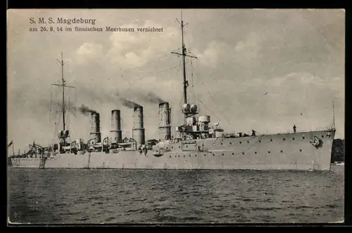 AK Kleiner Kreuzer S.M.S. Magdeburg in heimatlichen Gewässern, Kriegsschiff
