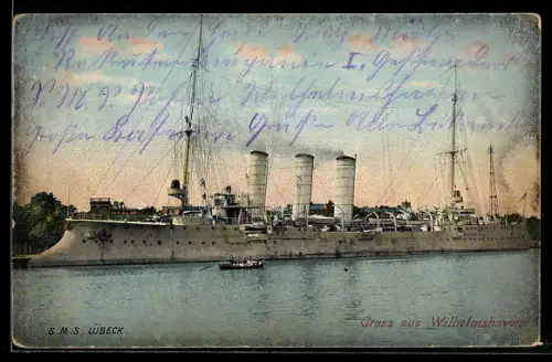 AK Kleiner Kreuzer S.M.S. Lübeck im Hafen vom Wilhelmshaven, Kriegsschiff
