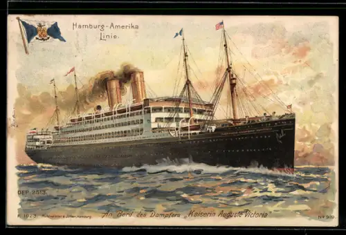 Lithographie Passagierschiff Kaiserin Auguste Victoria der Hamburg-Amerika Linie auf See