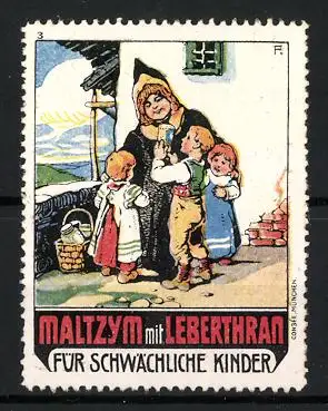 Reklamemarke Maltzym mit Leberthran, Kräftigungspräparat, Kinder und Frau vor Haus