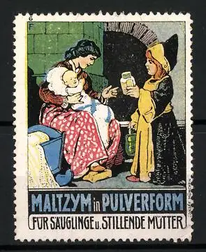 Reklamemarke Maltzym in Pulverform, Kräftigungspräparat für Säuglinge und stillende Mütter, Mutter und Kind