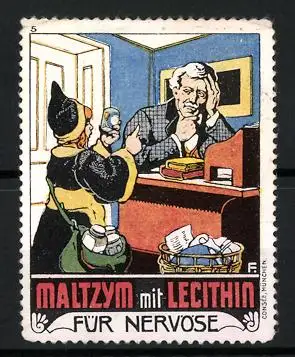 Reklamemarke Maltzym mit Lecithin, Kräftigungspräparat und Beruhigungsmittel, Münchner Kindl mit Flasche