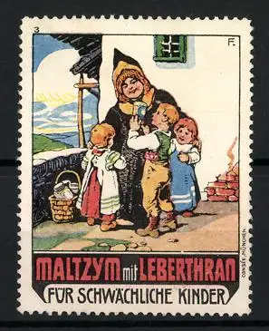 Reklamemarke Maltzym mit Leberthran, Kräftigungspräparat, Kinder mit Frau