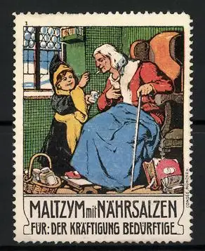 Reklamemarke Malitzym mit Nährsalzen, Kräftigungspräparat, Frau mit Münchner Kindl im Stuhl