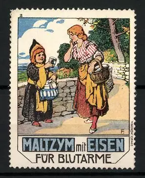 Reklamemarke Maltzym mit Eisen, Kräftigungspräparat gegen Blutarmut, Frau mit Münchner Kindl und Korb