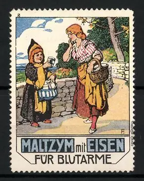 Reklamemarke Maltzym mit Eisen, Kräftigungspräparat gegen Blutarmut, Frau mit Münchner Kindl und Korb