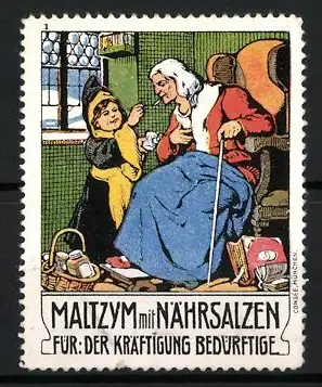Reklamemarke Maltzym mit Nährsalzen, Kräftigungspräparat, Münchner Kindl und ältere Frau