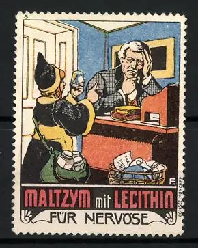 Reklamemarke Maltzym mit Lecithin, Kräftigungspräparat, Münchner Kindl mit Flasche und Mann am Schreibtisch