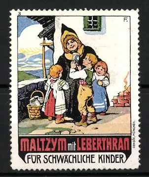 Reklamemarke Maltzym mit Leberthran, Kräftigungspräparat, Münchner Kindl mit Kindern