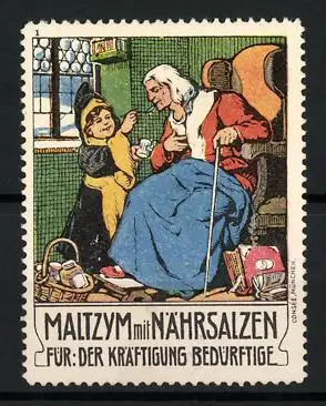Reklamemarke Maltzym mit Nährsalzen, Kräftigungspräparat, Alte Frau und Münchner Kindl