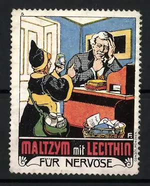 Reklamemarke Maltzym mit Lecithin, Kräftigungspräparat, Münchner Kindl und nervöse Person