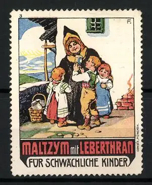 Reklamemarke Maltzym mit Leberthran, Kräftigungspräparat, Kindergruppe mit Münchner Kindl