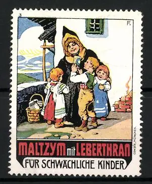 Reklamemarke Maltzym mit Leberthran, Kräftigungspräparat, Münchner Kindl mit Kindern