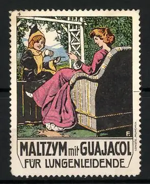 Reklamemarke Maltzym mit Guajacol, Kräftigungspräparat, Münchner Kindl und Frau im Sessel