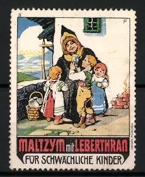 Reklamemarke Maltzym mit Leberthran, Kräftigungspräparat, Münchner Kindl mit Kindern im Freien