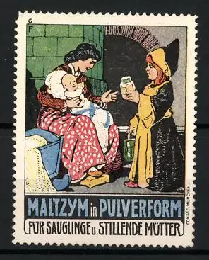 Reklamemarke Maltzym in Pulverform, Kräftigungspräparat, Mutter mit Baby und Münchner Kindl