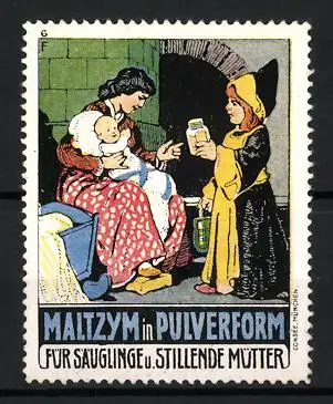 Reklamemarke Maltzym in Pulverform, Kräftigungspräparat, Mutter mit Säugling und Münchner Kindl