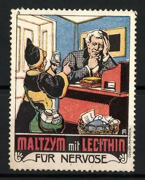 Reklamemarke Maltzym mit Lecithin, Kräftigungspräparat, Münchner Kindl mit Medizinflasche