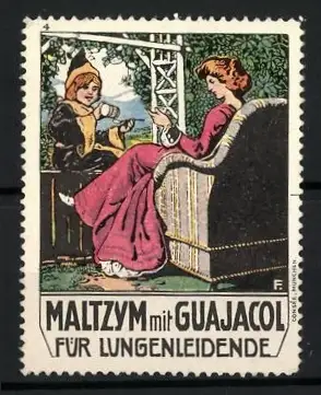 Reklamemarke Maltzym mit Guajacol, Kräftigungspräparat, Frau auf Sofa und Münchner Kindl