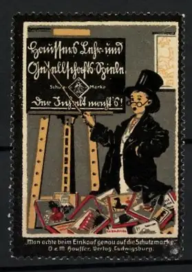 Reklamemarke Hauffen, Lehr- und Gesellschaftsspiele, Kind in Lehrerverkleidung an einer Tafel