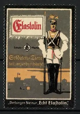 Reklamemarke Elastolin, Spielzeug, Soldaten-Figur vor Festung