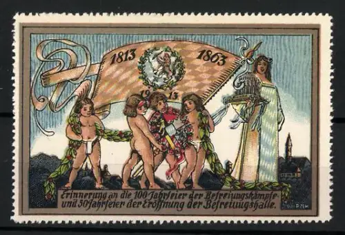 Reklamemarke 100 Jahre Befreiungskämpfe und 50 Jahre Befreiungshalle, 1813-1863, Kranz und Engel