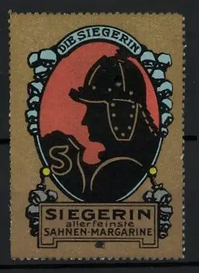 Reklamemarke Die Siegerin, Sahne-Margarine, Kriegerin mit Helm im Profil