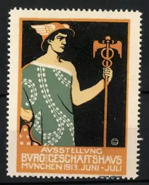 Reklamemarke München, Ausstellung Büro-Geschäftshaus 1913, Merkur mit Caduceus
