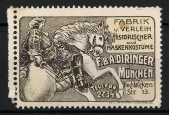 Reklamemarke München, F. & A. Diringer, Historische Kostüme, Ritter auf Pferd