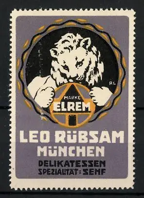 Reklamemarke München, Leo Rübsam, Delikatessen, Löwe mit Lenkrad