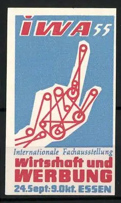 Reklamemarke Essen, Internationale Fachausstellung Wirtschaft und Werbung 1955, Hand mit Netzwerk-Symbol