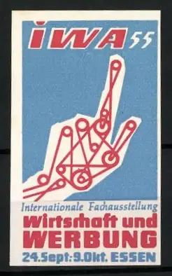 Reklamemarke Essen, Internationale Fachausstellung Wirtschaft und Werbung 1955, Hand mit Zahnrädern