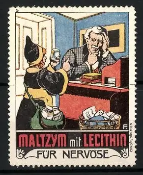 Reklamemarke Maltzym mit Lecithin, Kräftigungspräparat, Nervöser Mann an Schreibtisch und Münchner Kindl